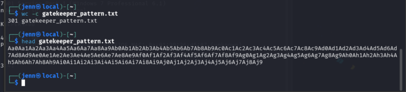 pattern_create.rb generating a 300-character cyclic pattern and wc confirming 301 bytes with trailing newline
